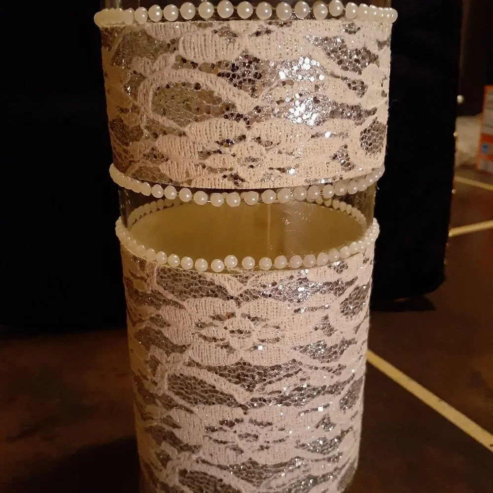 Handcrafted Bling Vase. Lace, glitter, pearls.